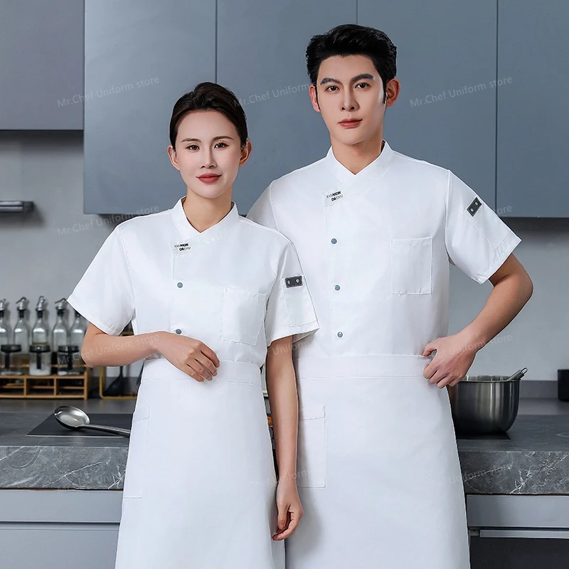 Sommer Männer Schwarz Chef Uniform Schürze Restaurant Kurzarm Chef Shorts Jacke Küche Atmungsaktive Chef Mantel Arbeit Kleidung Logo