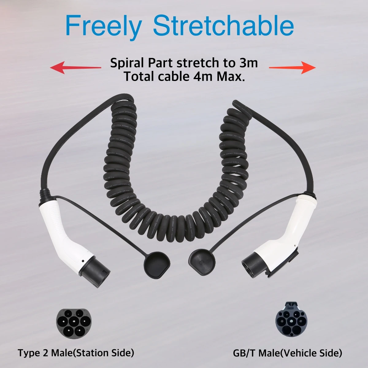 EVcharger4U IEC62196 Type 2 to GBT Spiral EV Charing Cable 1Phase/3Phase 32A 5M Type2 GB/T Coiled EVSE Cable for Chinese EV