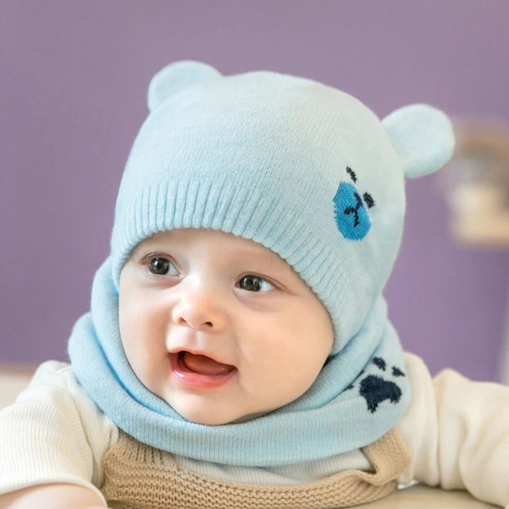 Ensemble bonnet et écharpes en coton doux pour bébé garçon et fille, bonnet chaud pour tout-petit, bonnets tricotés pour enfants, enfants en bas âge, 6-36 mois, hiver, mignon