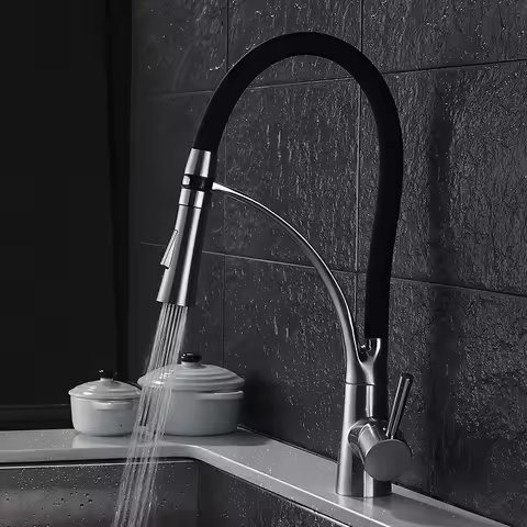 Pull Down Kitchen Faucet Solid Brass Black Hot Cold Water Mixer Deck Mounted Kitchen Sink Faucet with Rubber Hose Design Crane