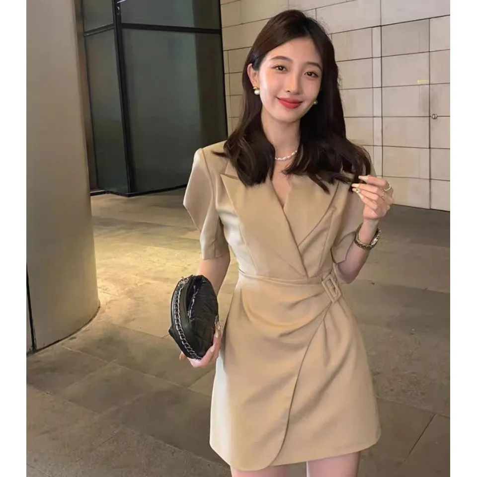 

Slim Fit Korean Design Summer New Women's Dr Bubble Sve Suit Collar Faionable Waist Cinched Dr Commute Sle Thin