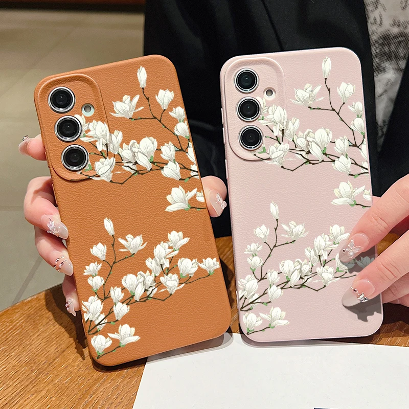 White Flower Case For Samsung Galaxy A55 A54 A53 A52 A16 A15 A14 A35 A34 A25 5G S20 FE S21 S22 S23 S24 Ultra Leather Texture