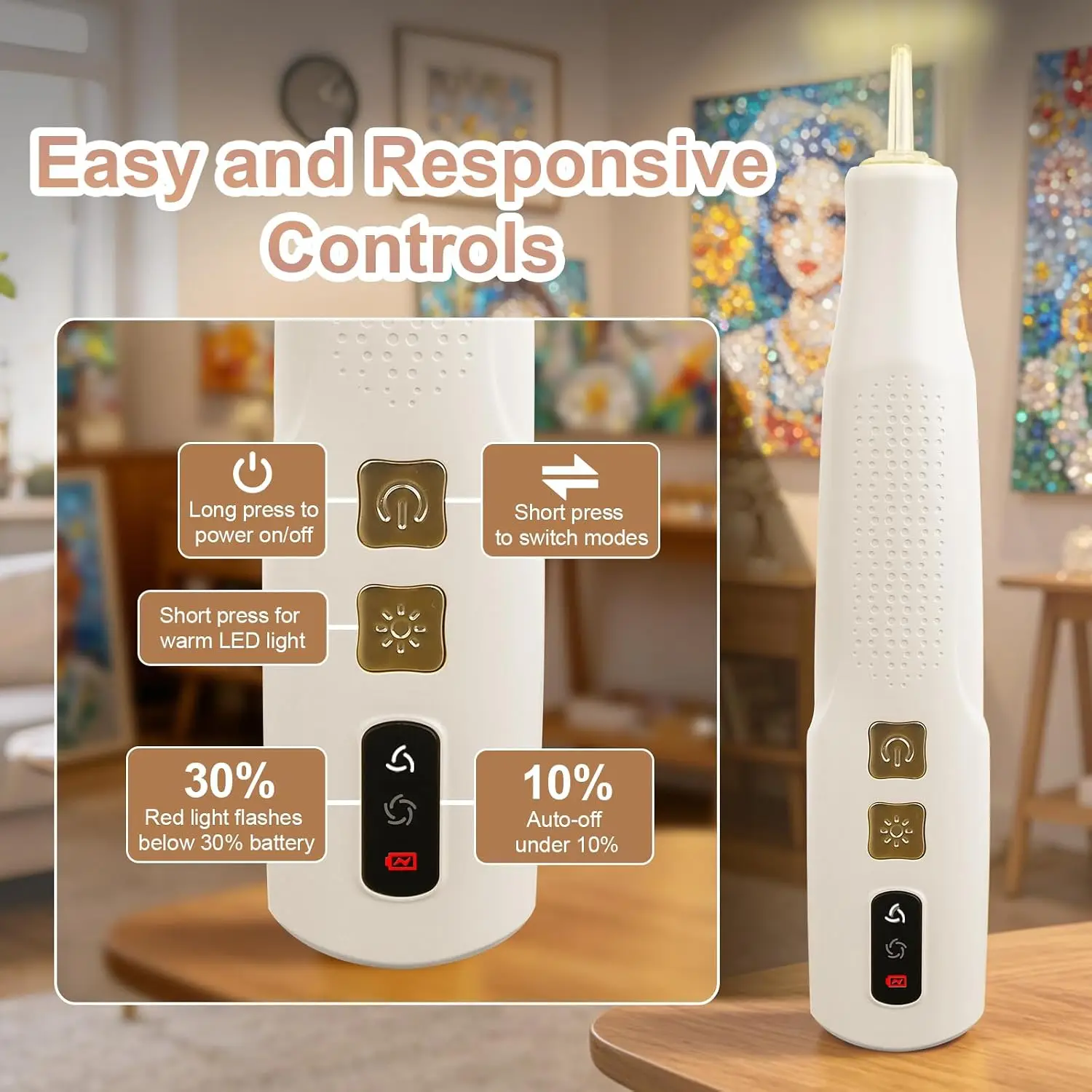 Electric Diamond Art Pen with Light, Wireless Rechargeable Quiet 2‑Speed Suction, Diamond Painting Tools for Adults DIY Craft