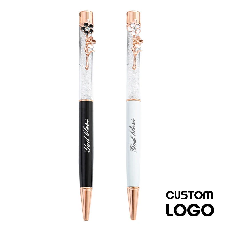 

2Pcs Custom Logo Pen Black White Metal Ballpoint Pens Flower Clip Crystal Diamond Personalized Name Gifts School Office Supplies