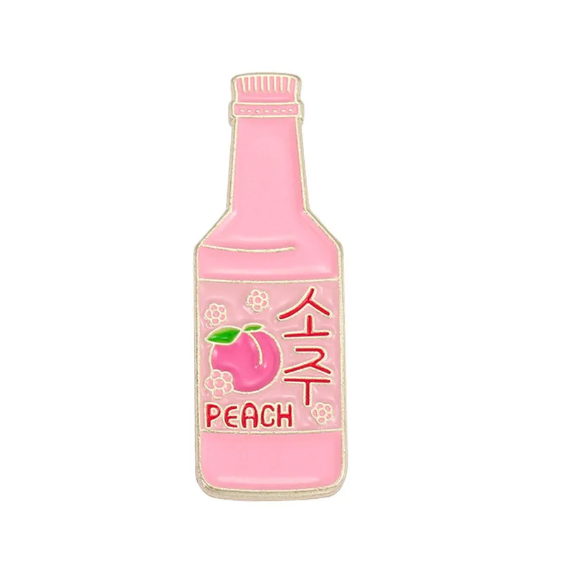 Cute Sweet Peach Sake Drink Soju Enamel Brooch Cartoon Bamboo Shochu Bottle Badge Clothes Lapel Pins Schoolbag Gift Jewelry