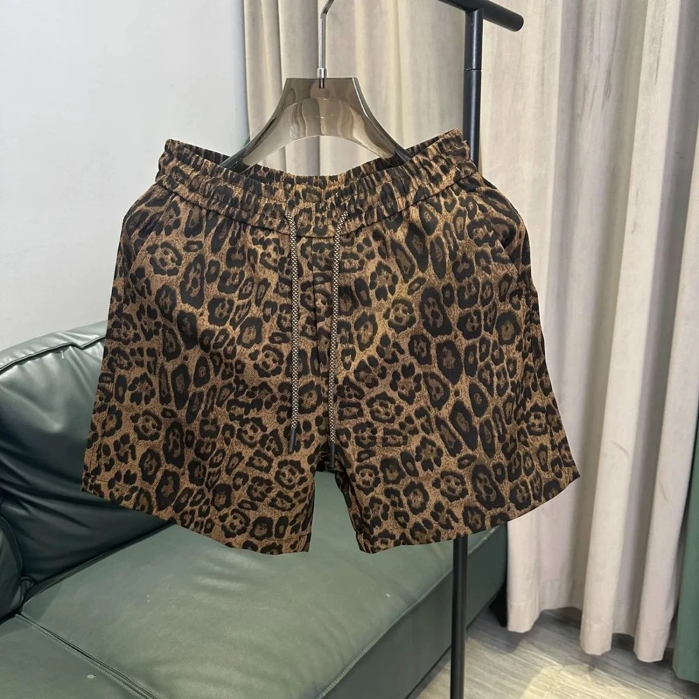 

American Retro Leopard Print Shorts Men's Elastic Waist Hip-Hop with Pocket Loose Casual Shorts Sportswear Straight-leg Shorts