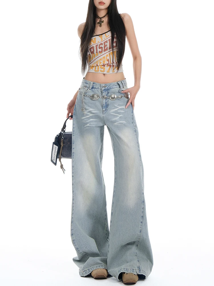 

Y2K Blue Summer Womens Jeans High Waist Vintage Straight Baggy Denim Pants Streetwear American Fashion Wide Leg Denim Trouser