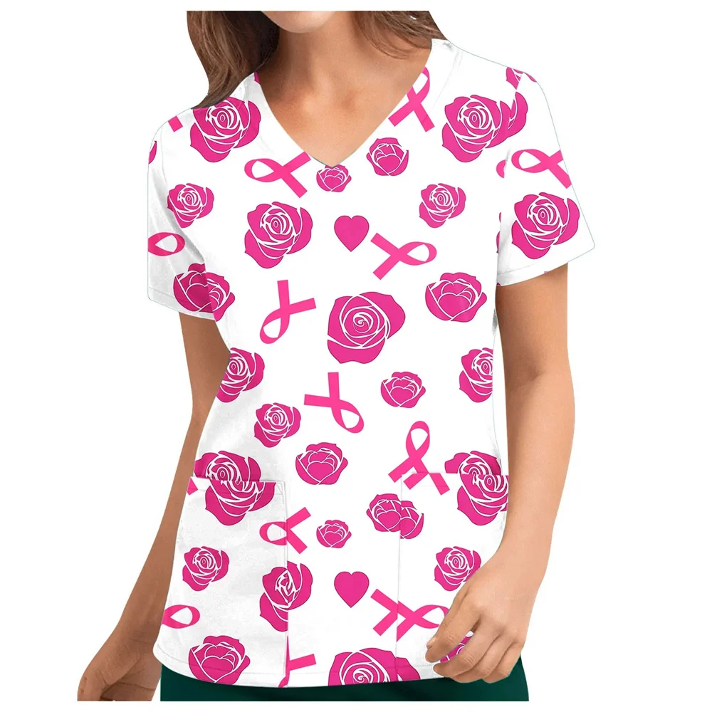 Uniformi chirurgiche Donna Cuore stampato Scollo a V Infermieri Top Manica corta Tasca applicata Uniformi mediche Uniformi chirurgiche Infermieristica