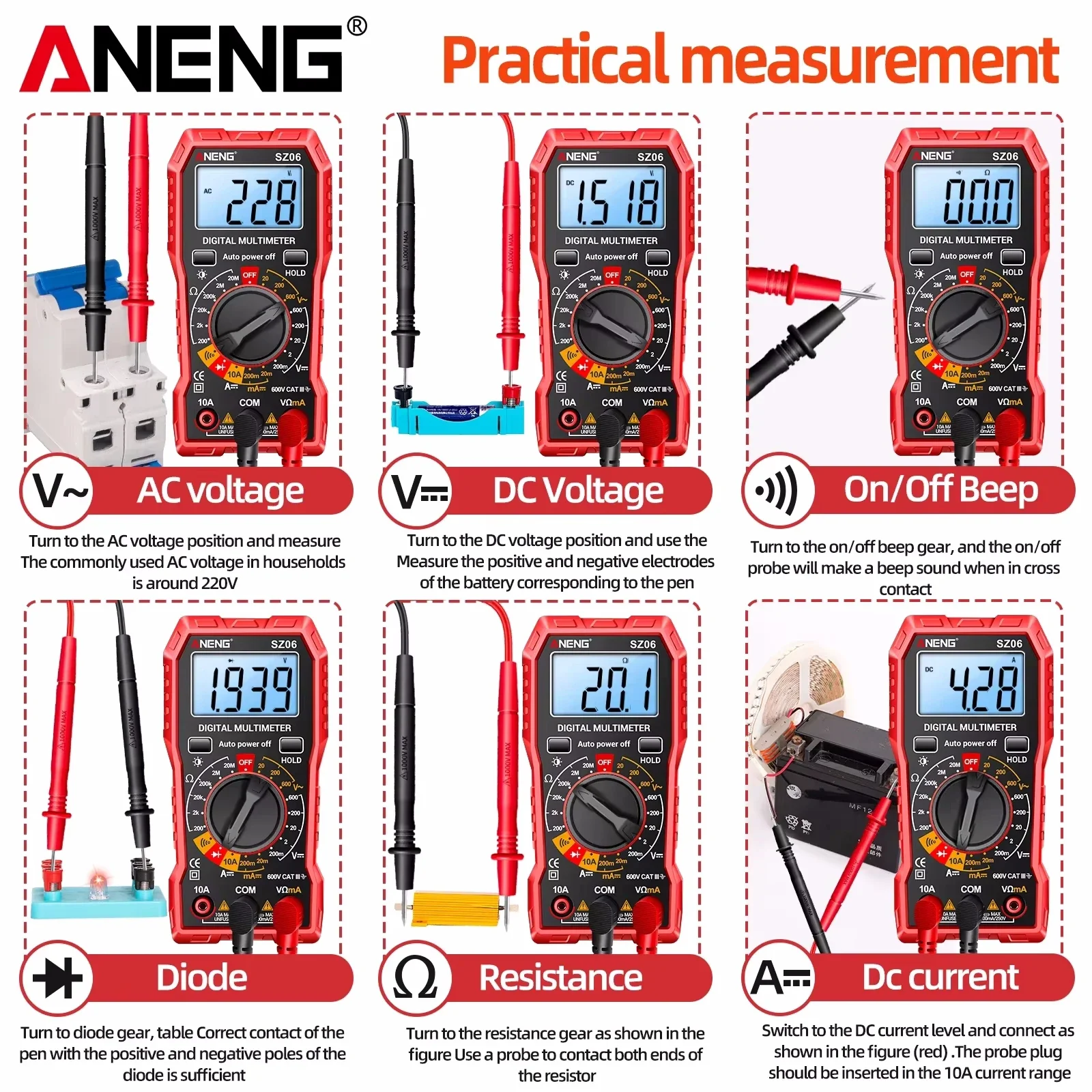 ANENG SZ06 Digital Multimeter Voltage Tester Voltmeter TRMS 2000 Counts Auto-Ranging Ohm Volt Amp Meter Measuring AC/DC Voltage