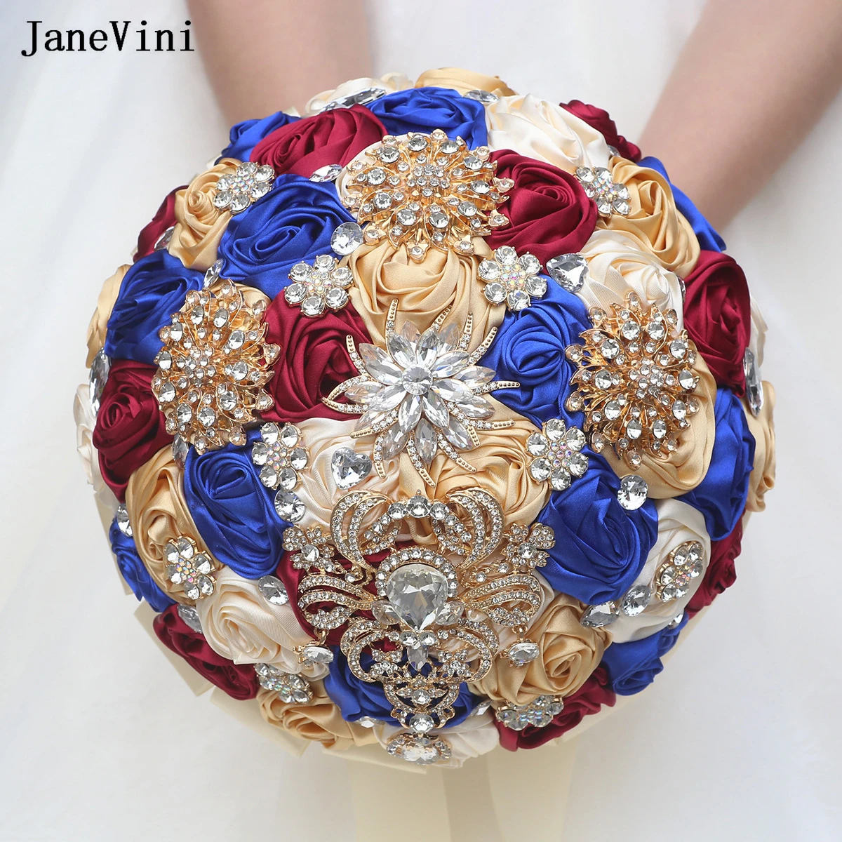 JaneVini Luxury Royal Blue Gold Bridal Bouquets Handmade Satin Roses Rhinestone Brooch Bouquet for Wedding Bride Holding Flowers