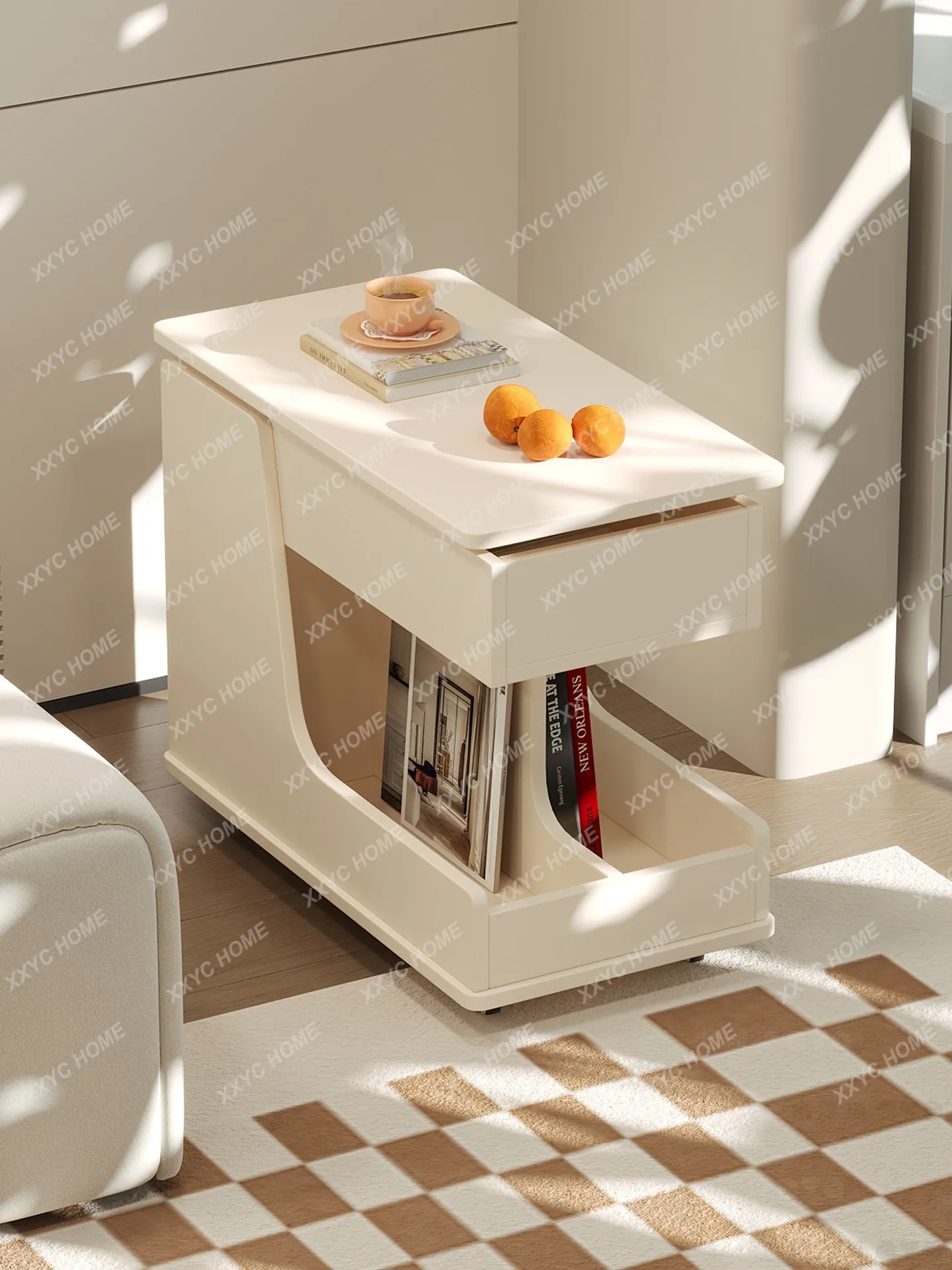 Cream wind solid wood sofa side few living room household small coffee table with wheels movable lifting table
