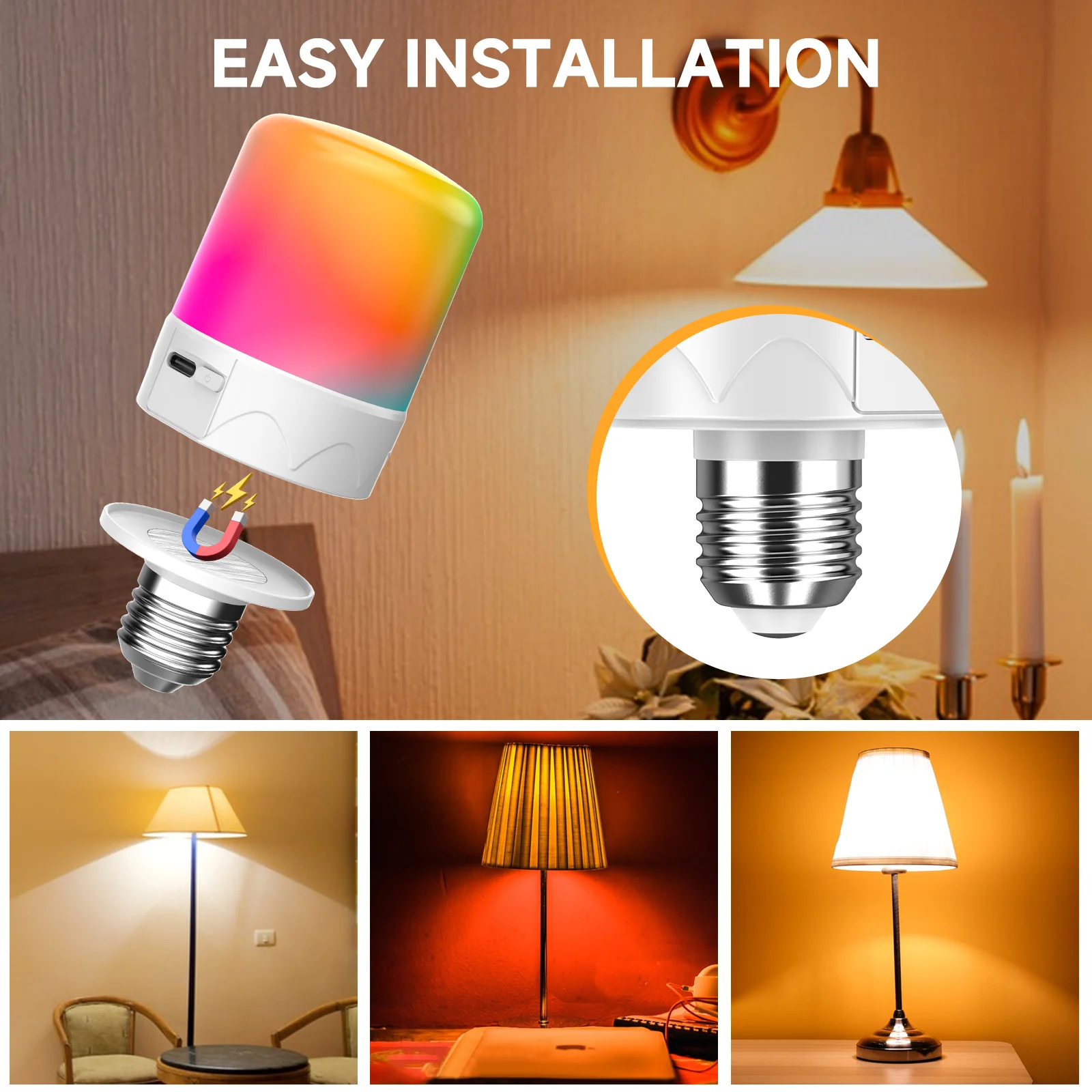 Rechargeable Light Bulbs With Remote - E27 Battery RGB color Operated Light Bulb For Non-Hardwired Wall Sconces, Pendant Lights