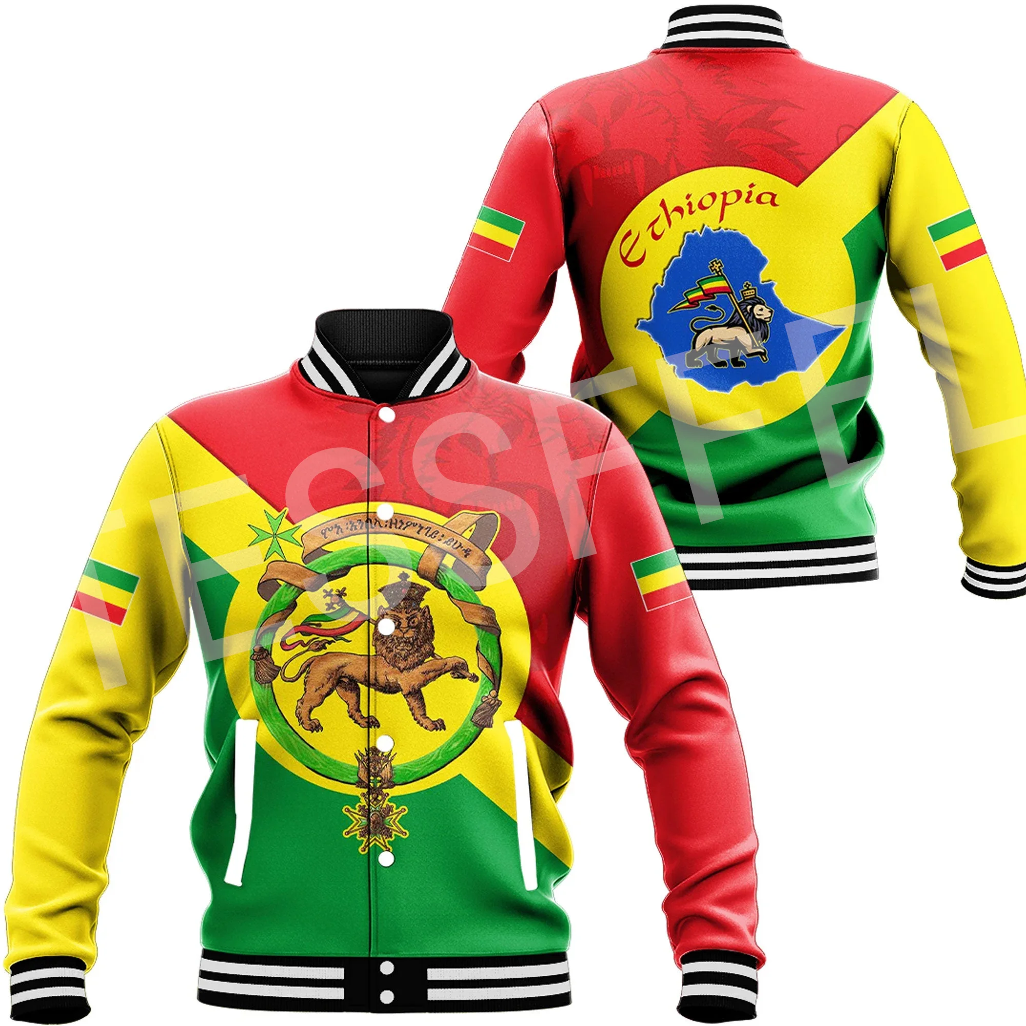 NewFashion Africa Ethiopia Country Flag Tattoo Retro Casual Funny Harajuku Windbreaker Button Bomber Jacket Baseball Jackets X2