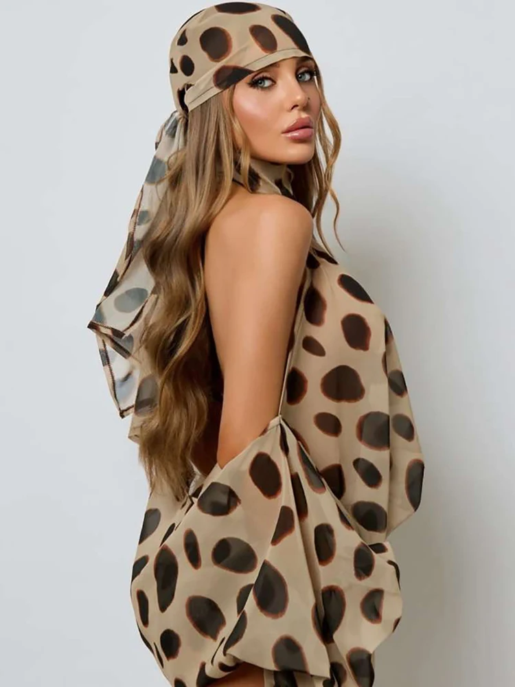 Weird Puss Dot Patchwork-Print-Playsuit + Kopftuch, Damen-Strampler mit Neckholder, schulterfreiem Rückenausschnitt und Laternenärmeln im Street-Fashion-Stil – Detail 13
