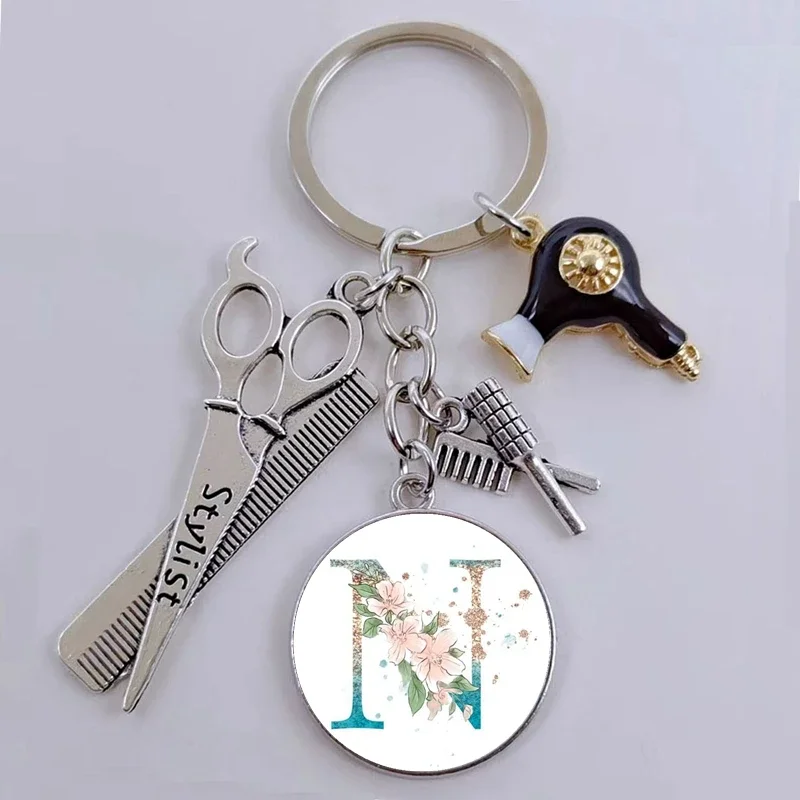 DIY Hair Stylist Essential Hair Dryer Scissors Comb Decorative Keychain Hair Stylist Gift Hair Dryer A-Z Floral Letter Keyring