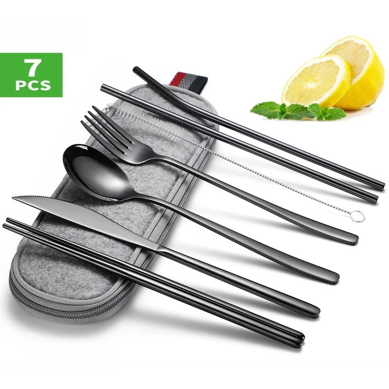 

7Pcs/set Tableware Reusable Travel Cutlery Set Camp Utensils Set with stainless steel Spoon Fork Chopsticks Straw Portable case