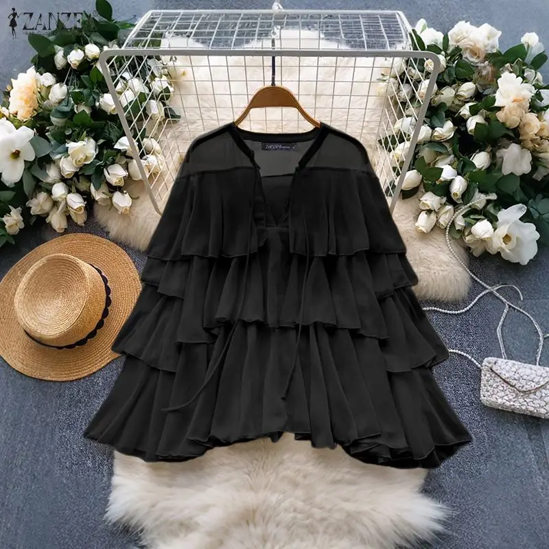 

2026 Summer Women V Neck Long Sleeve Tops ZANZEA Stylish Lace -Up Holiday Blouse Elegant Ruffled Solid Color Work Shirt Mujer