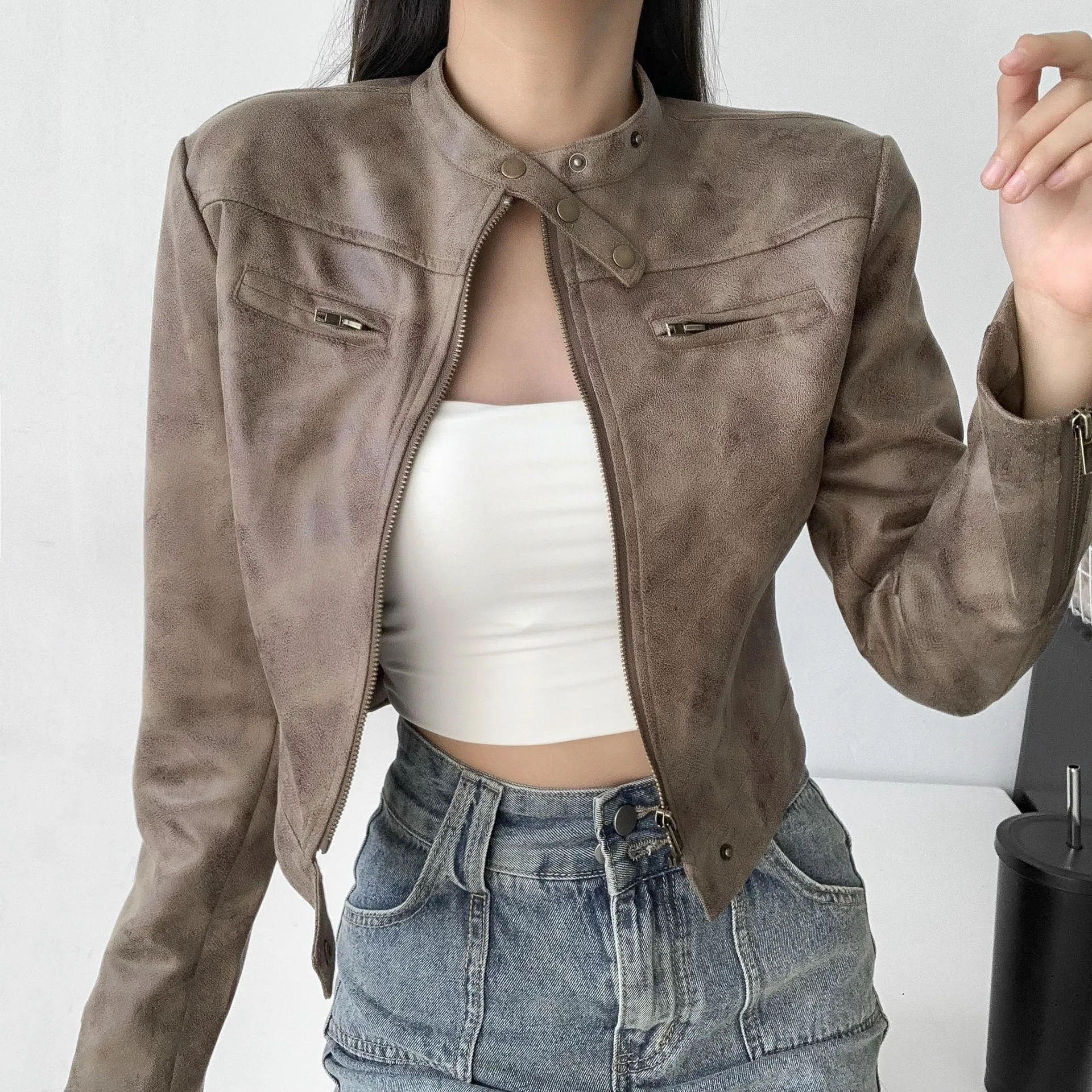 

Vintage Long-sleeved Stand-up Collar Locomotive Leather Jacket Women's Autumn Slim-fit Short Pu Leather Jacket Top