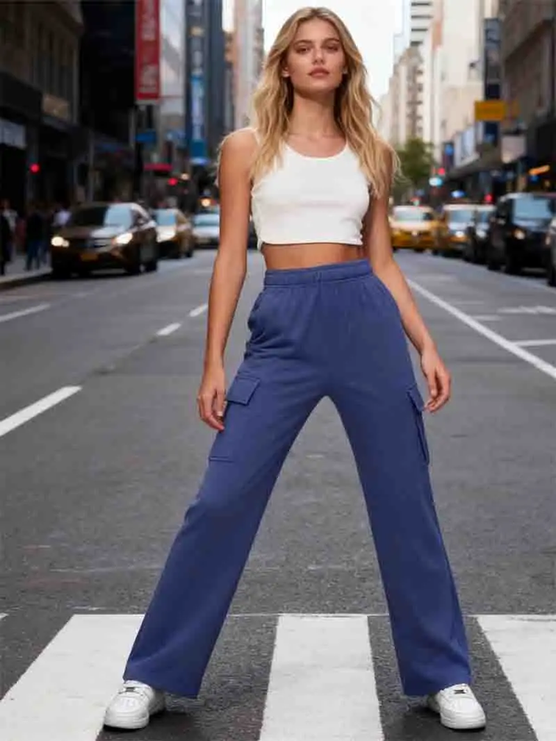 Cargo Pants Womens Elastic Autumn Nylon Corduroy Wide-Legged Highstreet Distressed British-Style Lined Plaid Streetwear Youthful