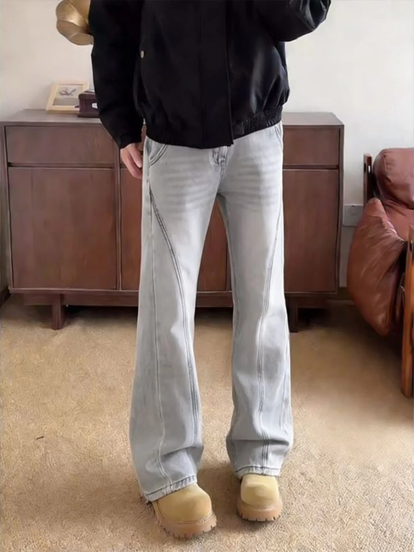 

Мужские джинсы в американском ретро-стиле, прямые, зауженные, рабочие брюки, с эффектом потертости, средняя посадка, на молнии