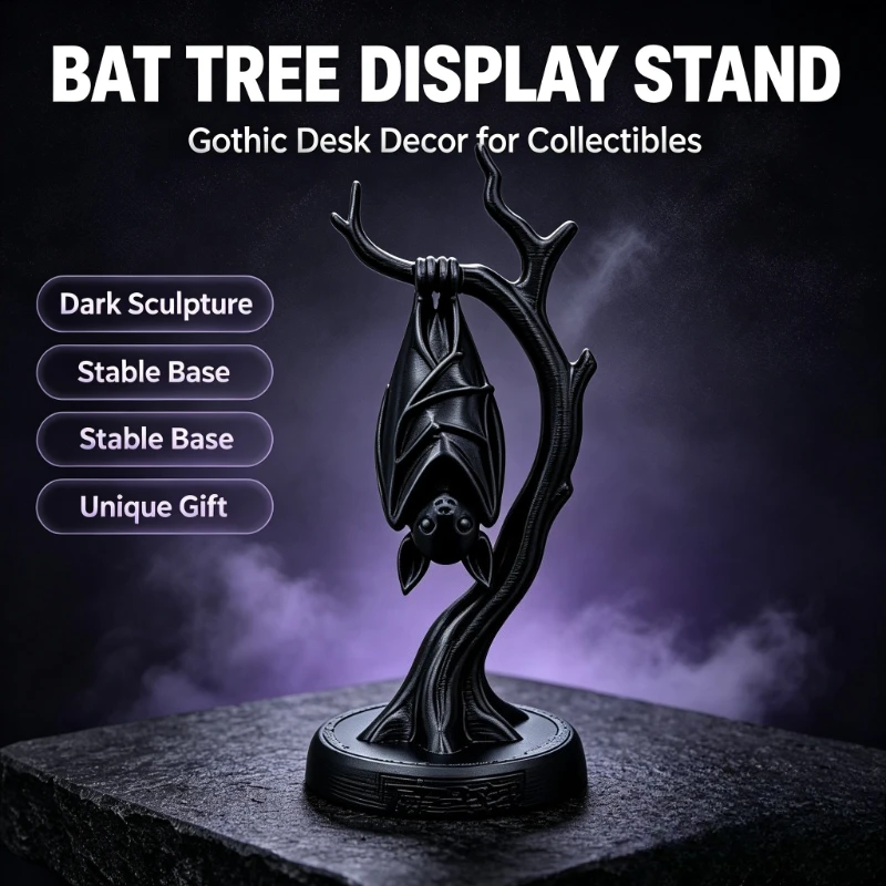 3D Printed Bat on Dead Branch Figurine, Gothic Spooky Halloween Ornament for Desktop & Bookshelf, Holiday Gift