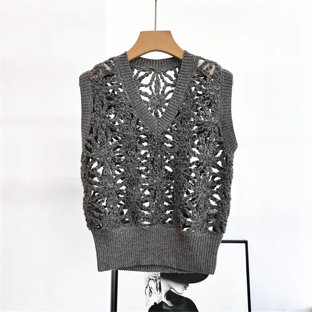 

25 Early autumn New Women's V-neck Sleeveless Sequined Hook Flower Slim fit Vest+Versatile High Waist Straight Tube Mid Length S