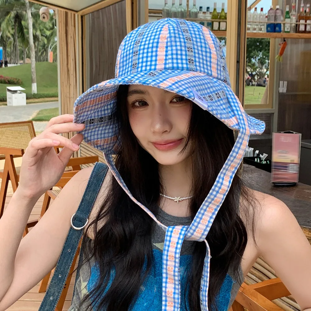 

Breathable Quick-dry Seaside Fisherman Hat UV Protection Big Brim Strappy Sun Hat Sweet Sunscreen Plaid Bucket Cap Fishing