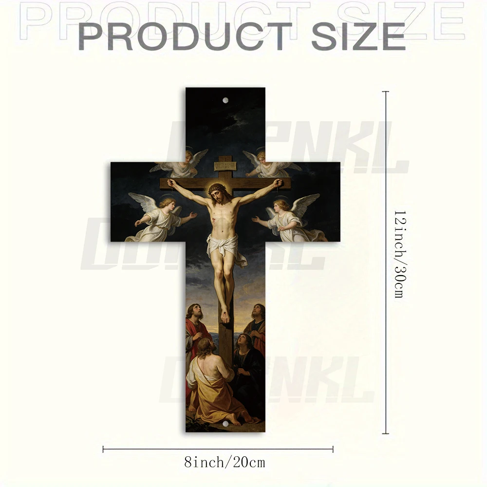 2D  A solemn, exquisite cross wall art depicting the Crucifixion with angels. A profound centerpiece for prayerful reflection.