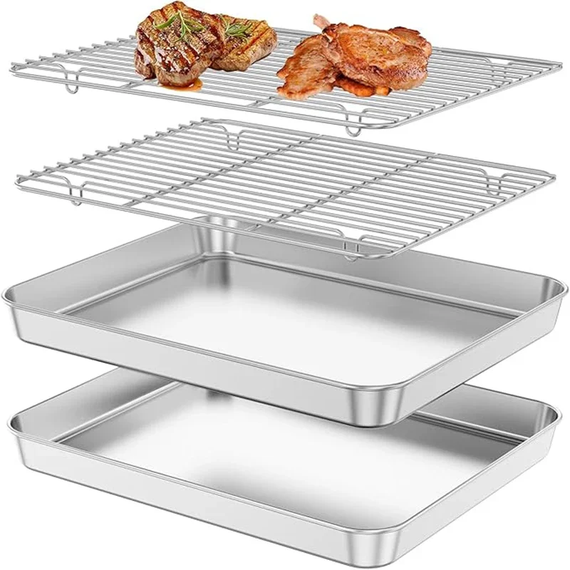 Stainless Steel Baking Pan Tray With Wire Rack Cake Baking BBQ Pan Tray Plate Oven Brownie Rack Cooking Roasting Grilling Tool