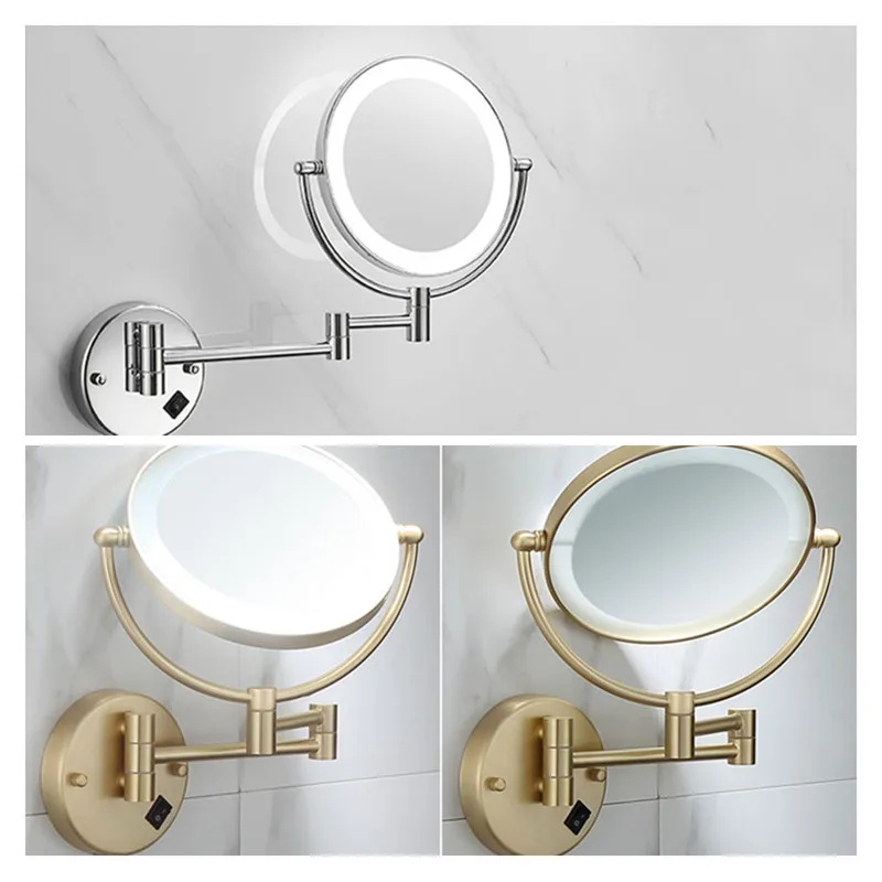 Espejo de maquillaje LED dorado cepillado con espejos de baño plegables de latón de 8 pulgadas 3X 5X, espejo de maquillaje de doble cara LED