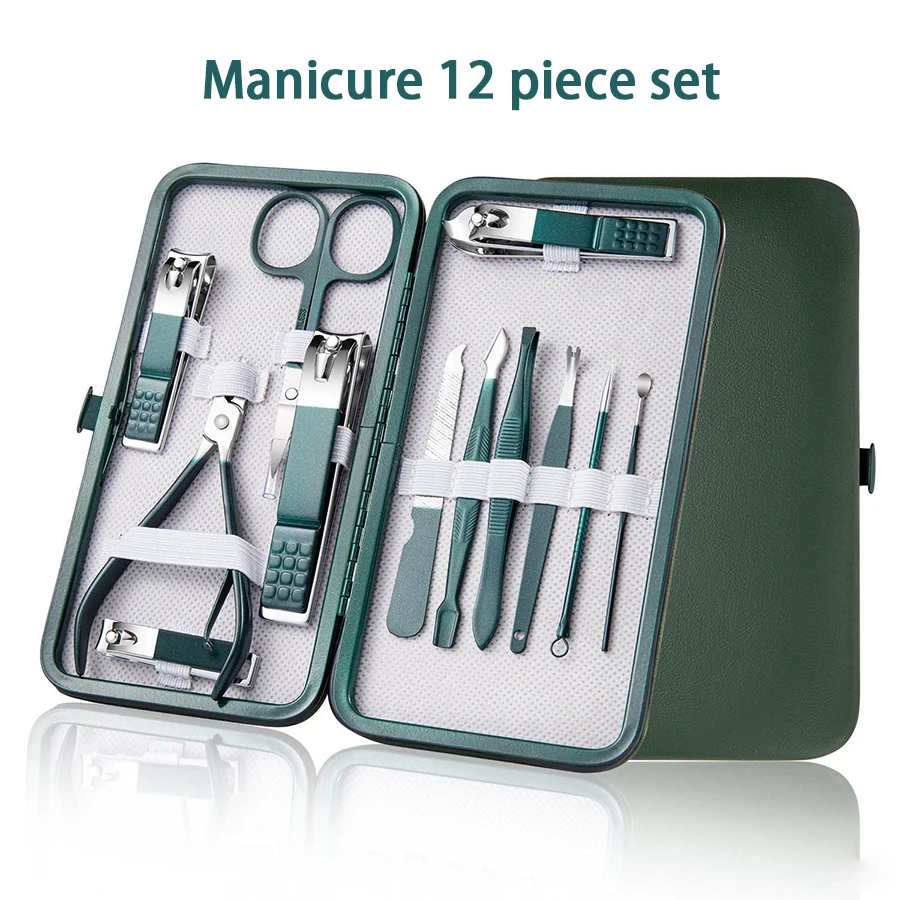 Groen 6-18 stuks manicureset met lederen tas Professionele voet- en gezichtsverzorging gereedschapssets Roestvrijstalen nagelknippersets Cadeau