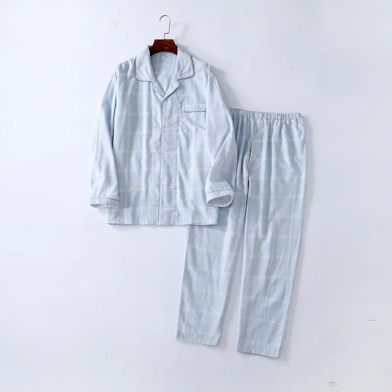 Spring Autumn Men Casual Plaid Pajama Sets Male 100% Cotton Sleepwear Suit Plus Size Long Sleeve Turn-down Collar Shirt & Pants