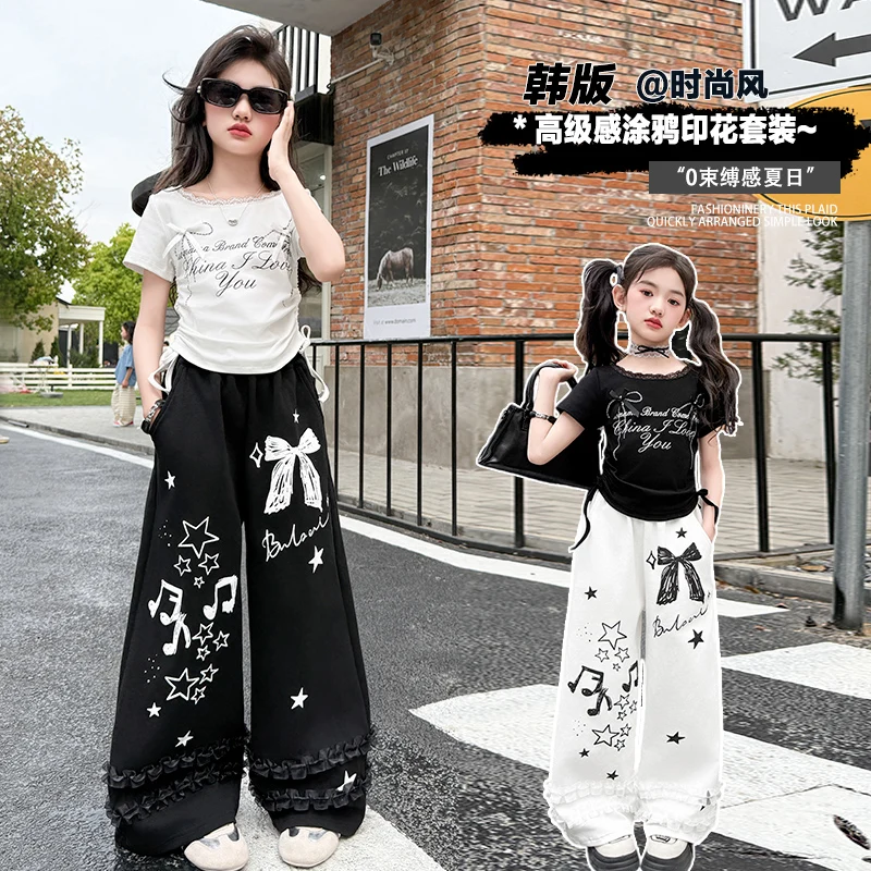 teen girl summer sport clothing set lace bow irregular T-shirt+Big bow pants 2pcs junior kid Hip hop street dance jazz dance set