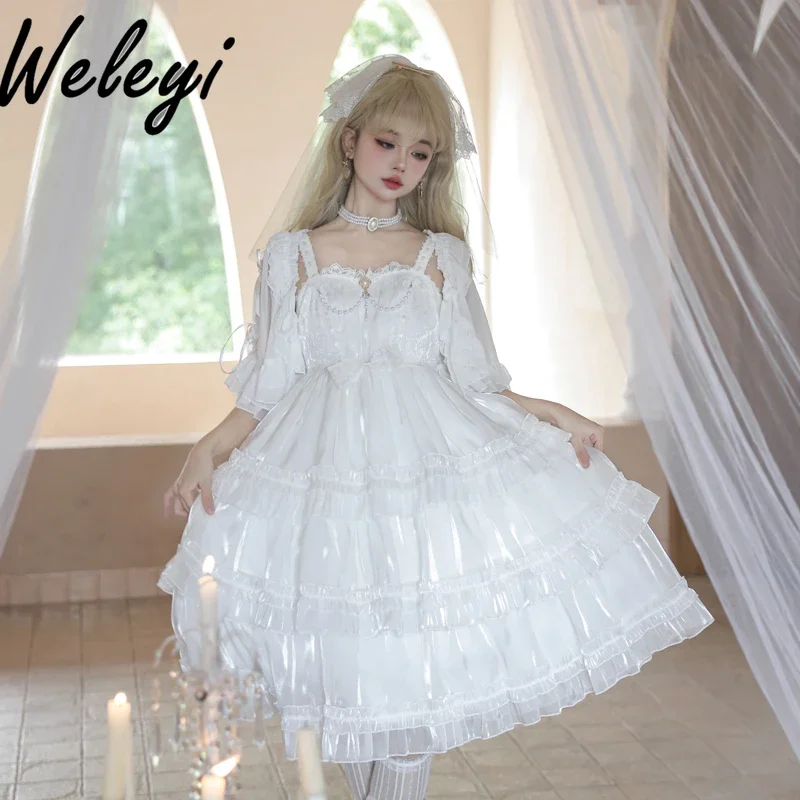 

Lolita Fairy Mid-length White Suspender Tutu Dress for Women Summer Spring New Original Jsk Sleeveless Cake Dresses Laides