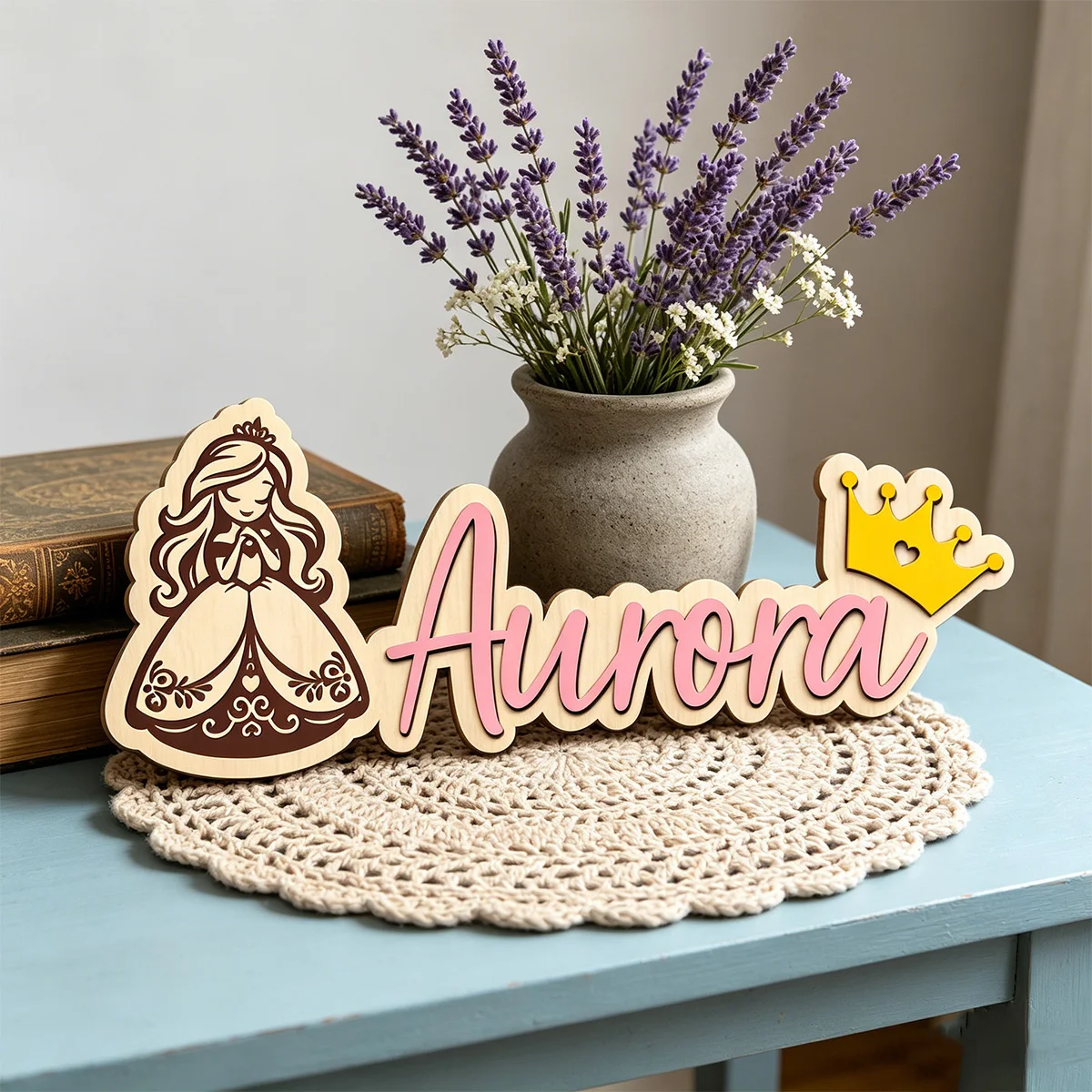 1pc wooden surname nameplate for children's room, custom content, cute cartoon princess pattern, multi scene decoration gift