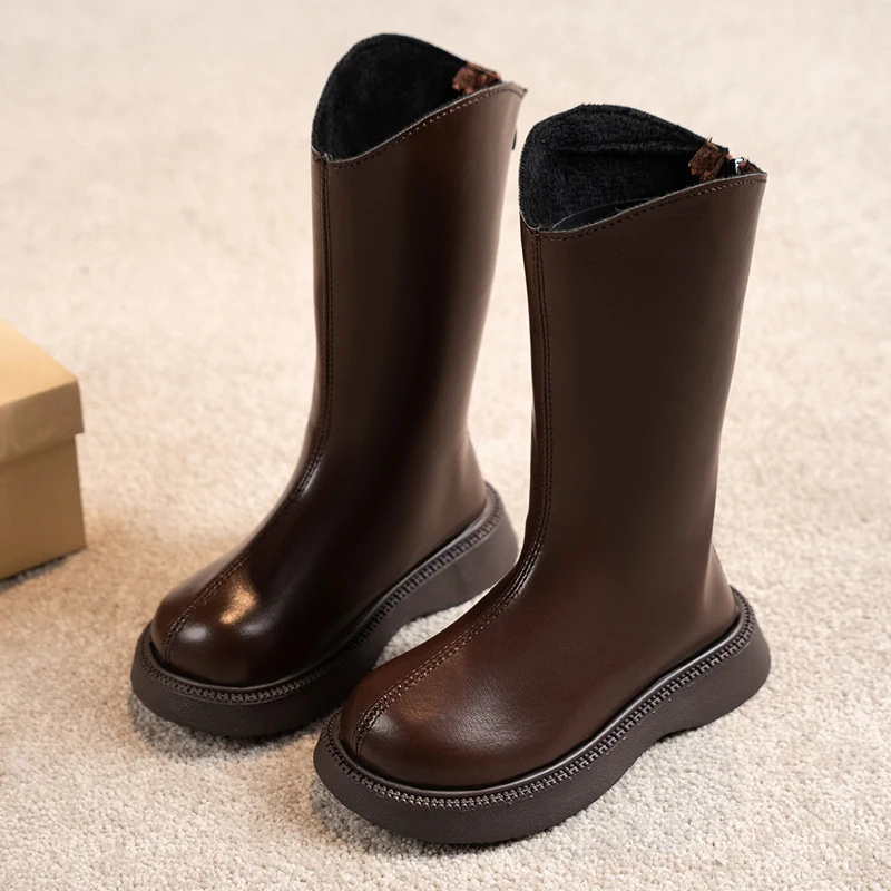 Autumn Winter Kids High Boots Vintage Simple Girls Fashion Leather Boots Back Zipper Thick Soled Children Non-slip Catwalk Boots