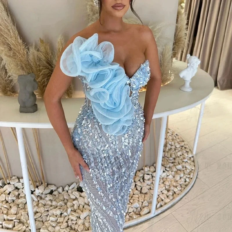 Customized Elegant Evening Dresses Mermaid Strapless Prom Gowns Sleeveless Illusion Ruffle Party Dress Fashion Luxury Dresses