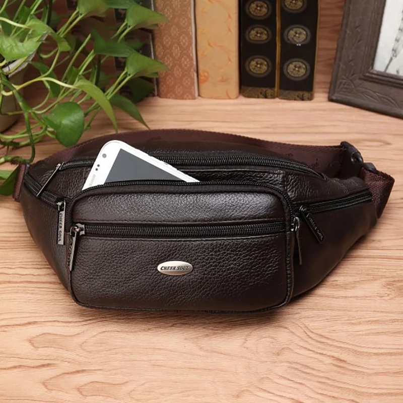 Genuine Leather Men Waist Fanny Pack Bags Sling Chest Pocket Pouch Travel Hiking Male Real Cowhide Loop Hip Belt Bum Bag