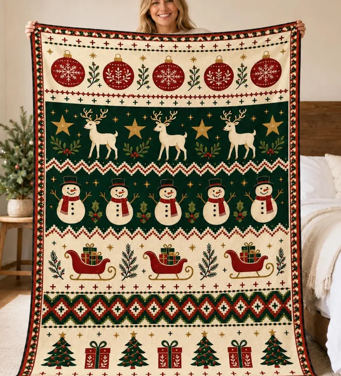 Vintage Christmas Blanket, Reindeer and Snowman Fair Isle Throw Retro Christmas Home Decor, Winter Gift for Her Blanket