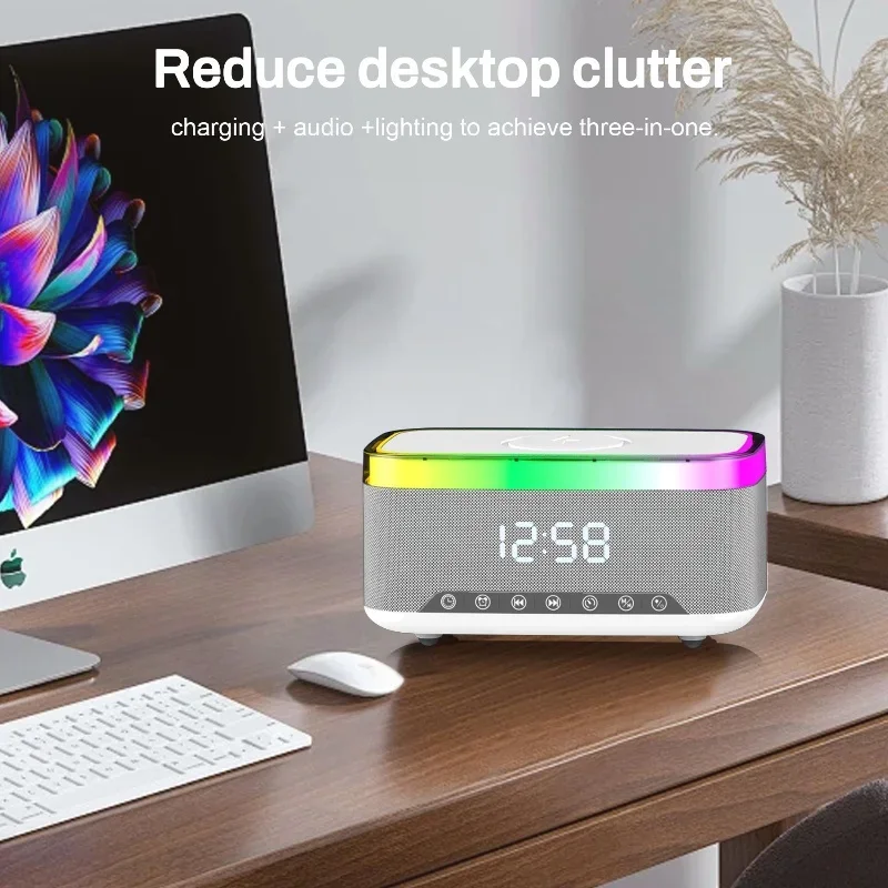6in1 A911 Smart Bluetooth Speaker with LED Digital Alarm Clock FMRadio TFCard Playback Wireless Charger Bedside Desktop MoodLamp