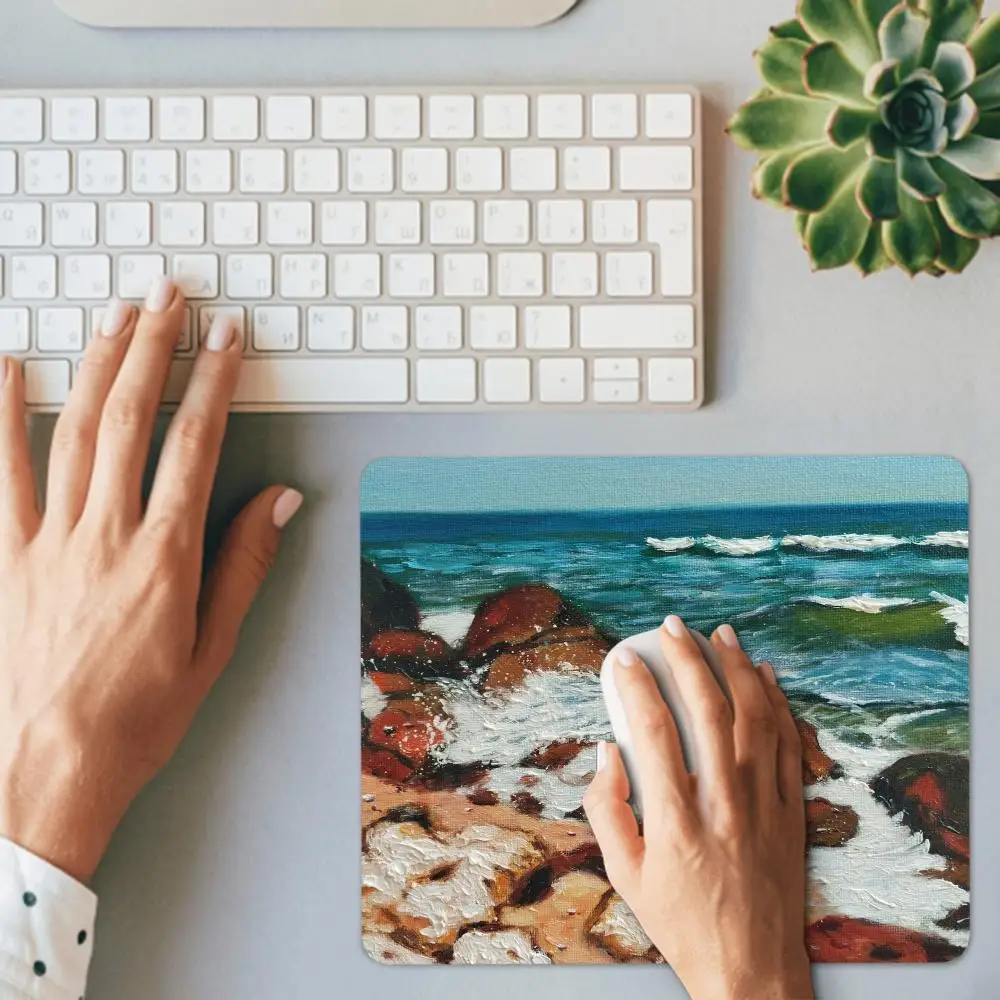 HYBXAXC  Seascape Oil Painting Style Mouse Pad Non Slip Rubber Mat With Stitched Edges For Gaming Office Laptop Desk Decor
