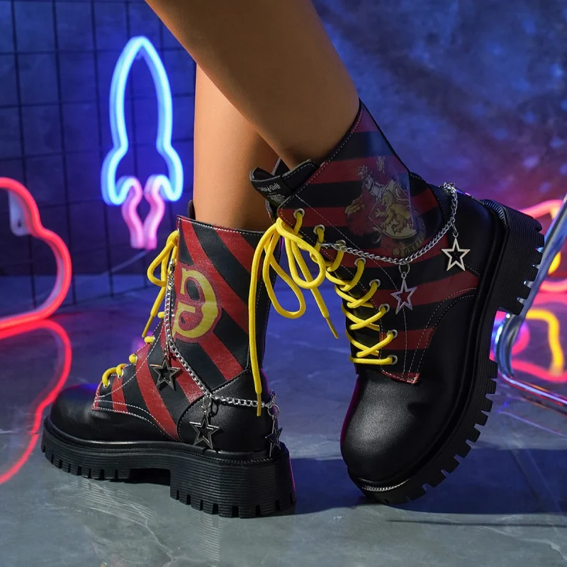 2025 فاسق دراجة نارية الأحذية للنساء القوطية ستار وسلسلة حذاء من الجلد أزياء من الدانتل متابعة منصة الأحذية أحذية مريحة #2