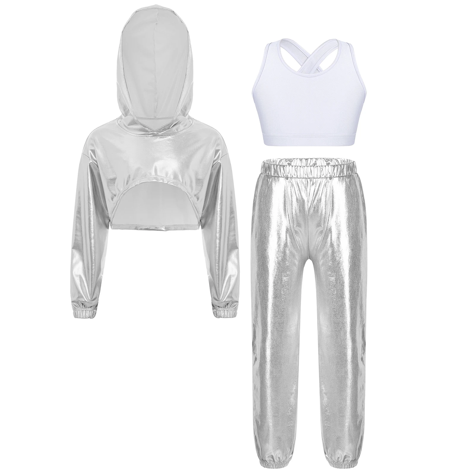 

Kids Girls Metallic Hip-Hop Jazz Dance Costume Long Sleeve Asymmetrical Hem Cropped Hoodie+Spaghetti Straps Camisole+Pants 3Pcs