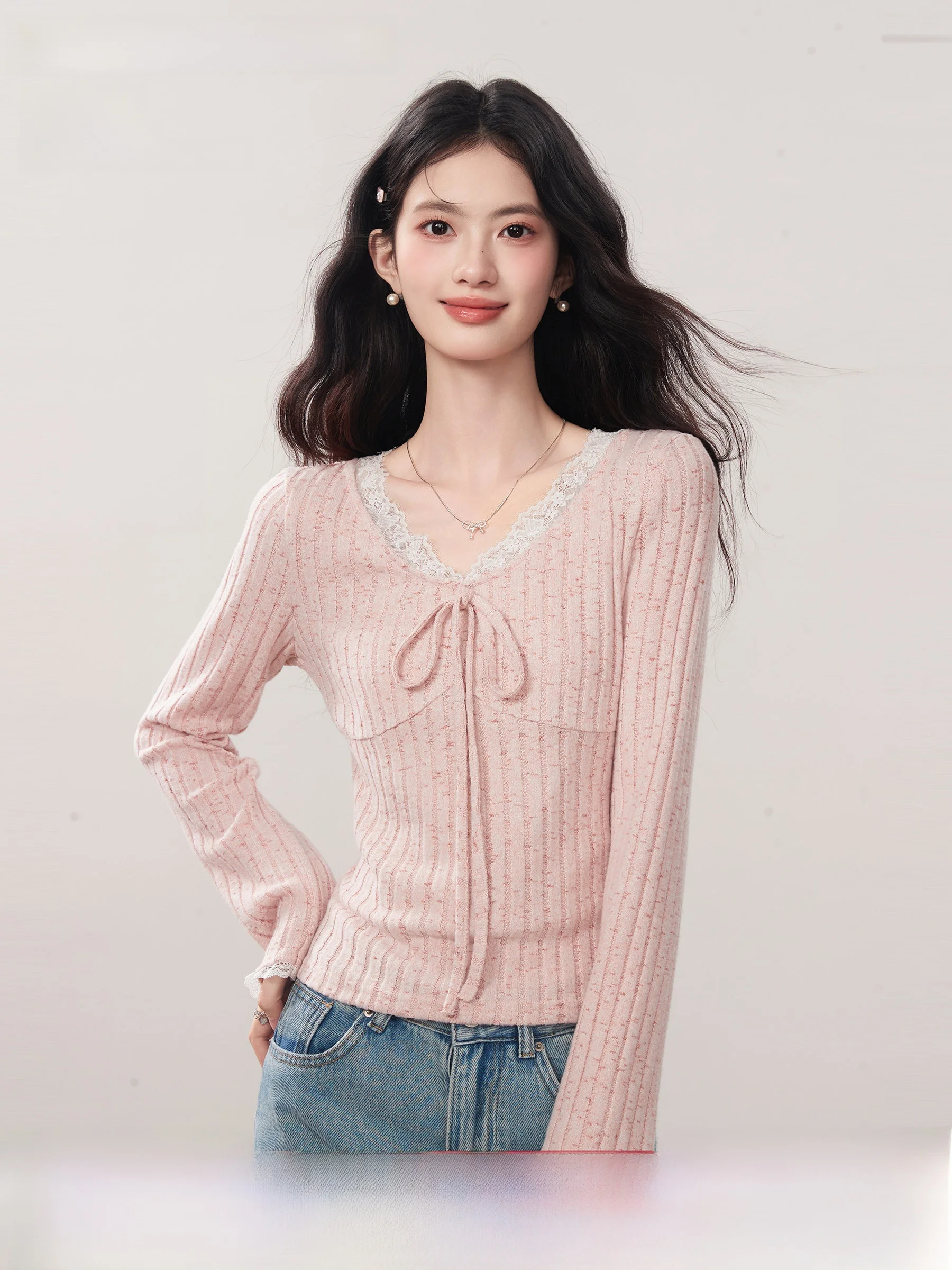 

Женская трикотажная кофта Linjou Fog Island с кружевной отделкой и V-образным вырезом, на завязках, для весны и осени