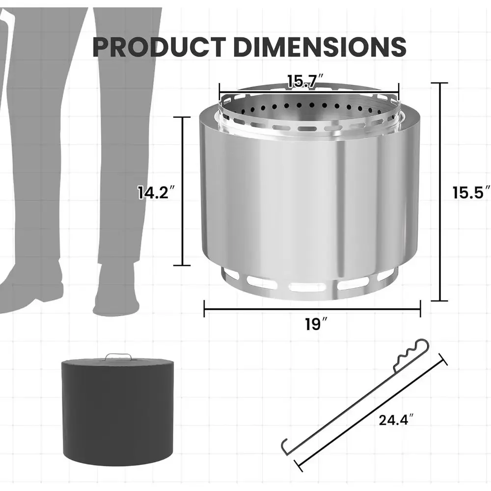 Portable 19 Inch Outdoor Stainless Steel Fire Pit for Patio, Backyard, and Camping with Smokeless Technology