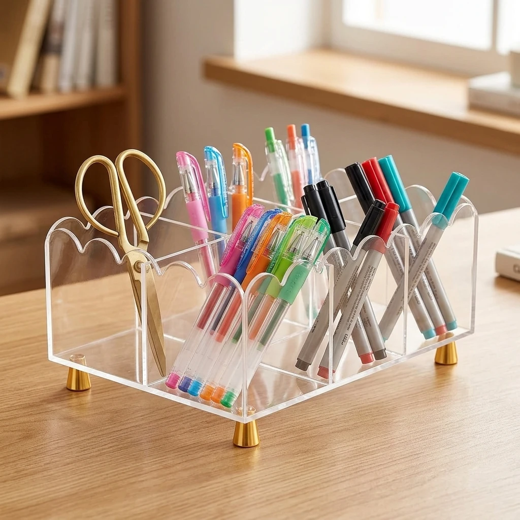 1pc Acrylic Display Case Elegant Organizer Box for Desk Stationery Cosmetics Figurine Storage Bin Gold Metal Feet Luxury