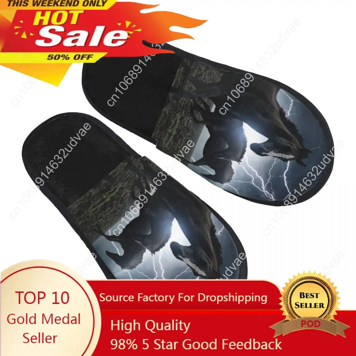 

Running Black Horses Bright Lightning In Dark Stormy Sky Slipper For Women Men Fluffy Winter Warm Slippers Indoor Slippers