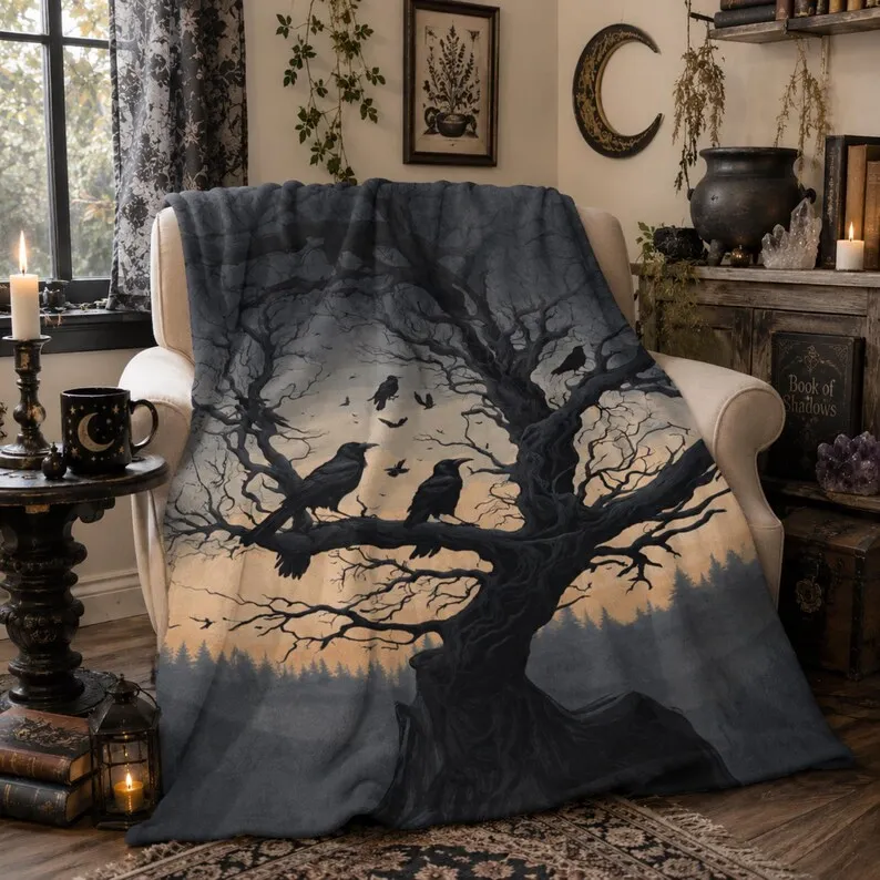 Spooky Blanket Idea for Halloween Crow Throw for Bedroom Raven Flannel Blanket Birthday Edgar Allan Poe Enthusiast Gothic Throw Witch Gift