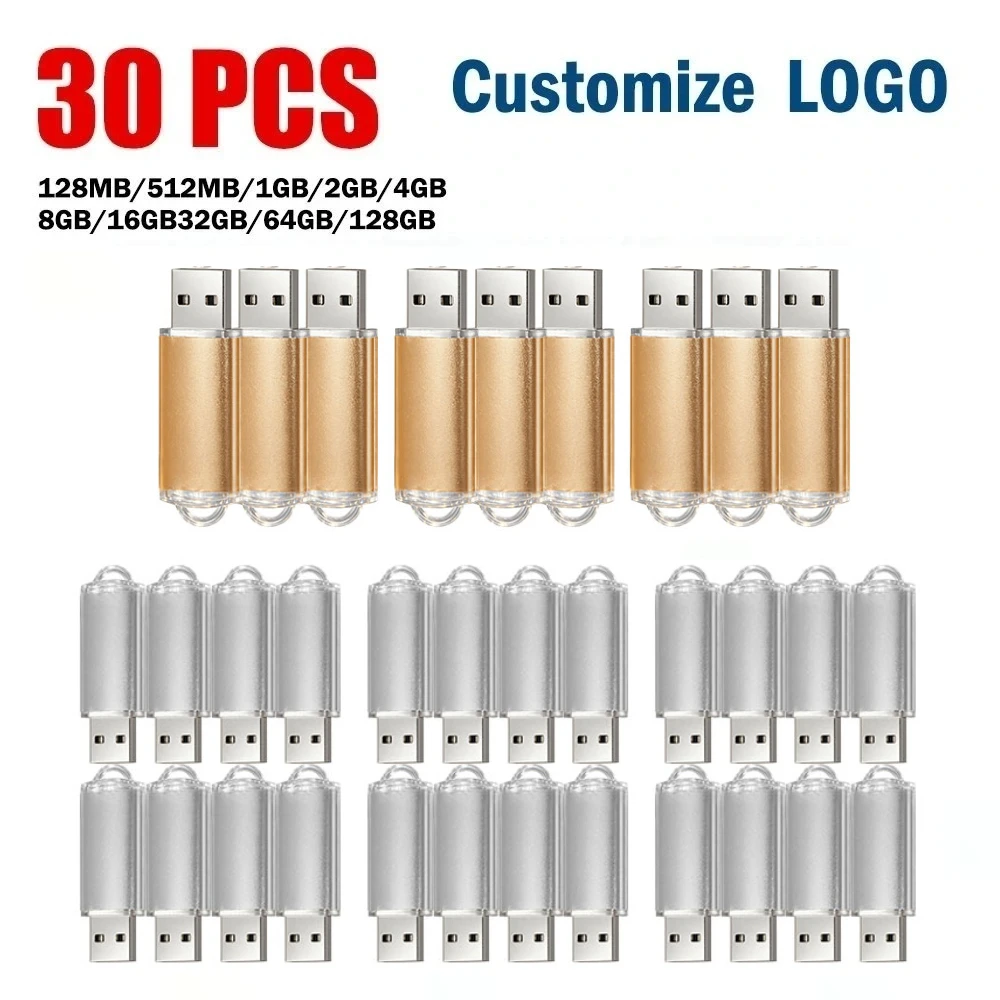 30pcs/lot Free Logo Metal USB Flash Drive 128GB 64GB 32GB 8GB 4GB Memory Flash USB Stick Pen Drive 128mb 512mb PenDrive 2.0