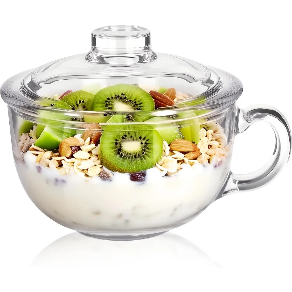 

1 шт. прозрачные миски для супа с ручкой и стеклянной крышкой, круглые миски для микроволновой печи, стеклянная миска для овсянки для завтрака, рисового салата, фруктового йогурта